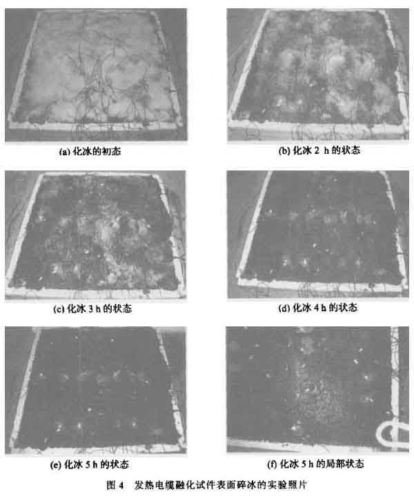 發(fā)熱電纜融化試件表面碎冰的實驗照片